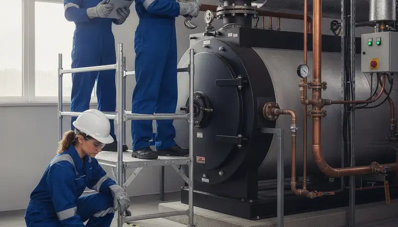 Boiler repair technician servicing a home in Des Moines, IA for reliable winter heating