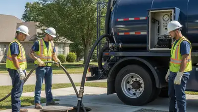Septic pumping service truck in Des Moines, IA for residential plumbing repairs