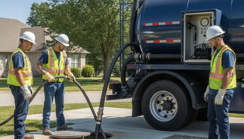 Septic pumping service truck in Des Moines, IA for residential plumbing repairs