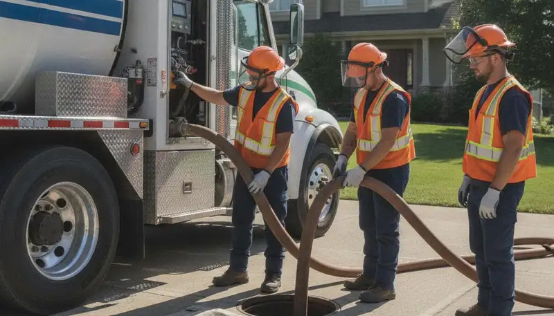 Septic pumping service truck for Des Moines, IA homeowners with on-call plumbers