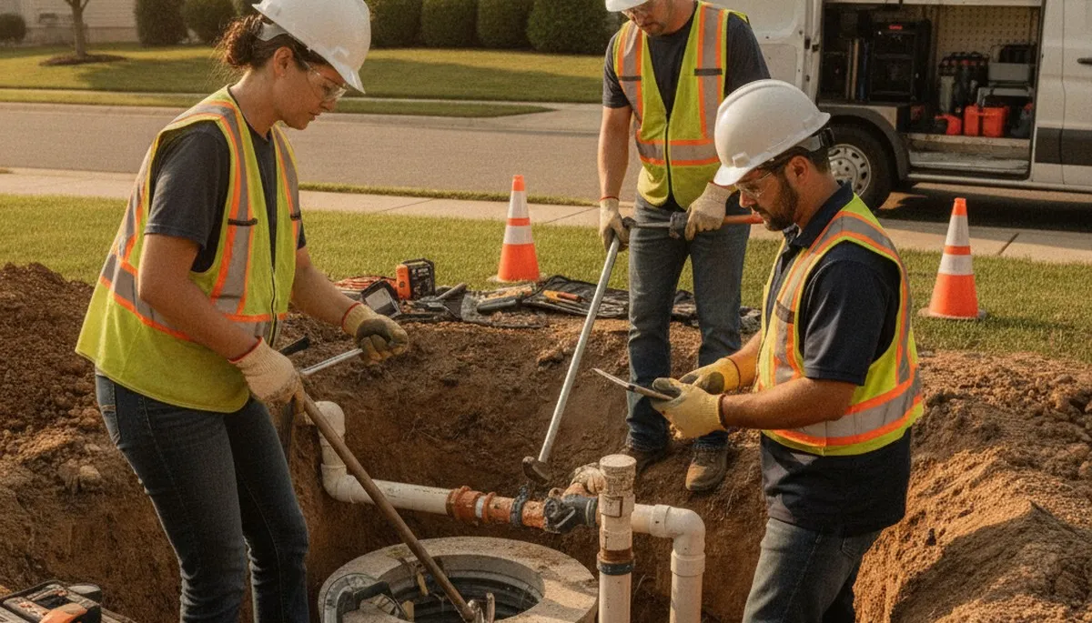 Des Moines, IA plumbers repairing a septic system for a local home