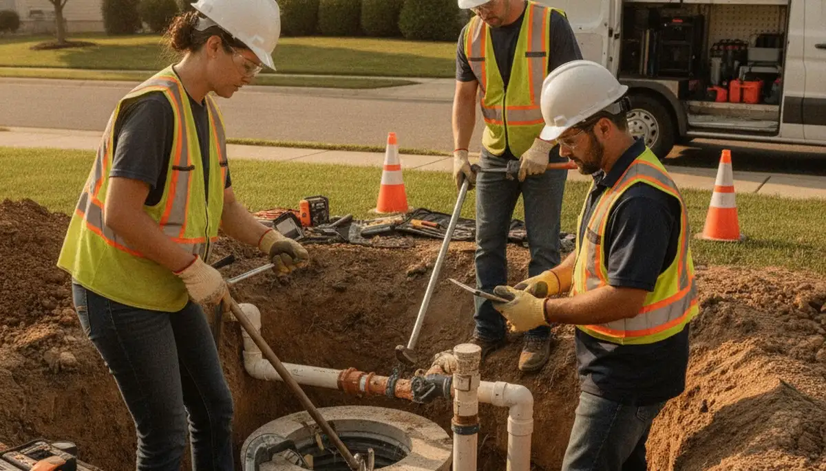 Des Moines, IA plumbers repairing a septic system for a local home