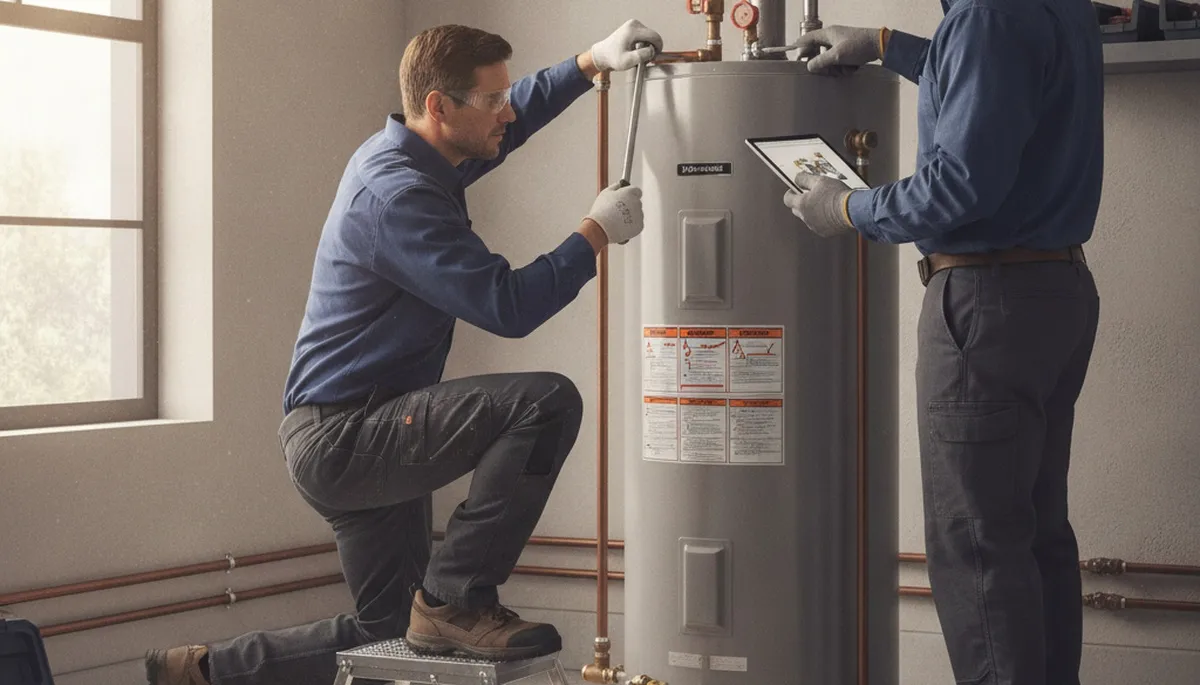 Water heater repair technician servicing a home in Des Moines, IA for reliable hot water restore